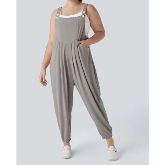 Halara Waffle Knit Pleated Overalls Jumpsuit Mink Brown Adjustable Size L - Picture 4 of 16